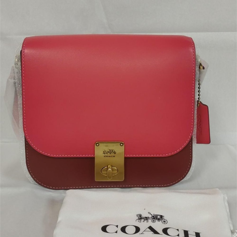 Coach 609 Hutton Saddle Bag in Colorblock Leather - Brass/Confetti Pink Multi